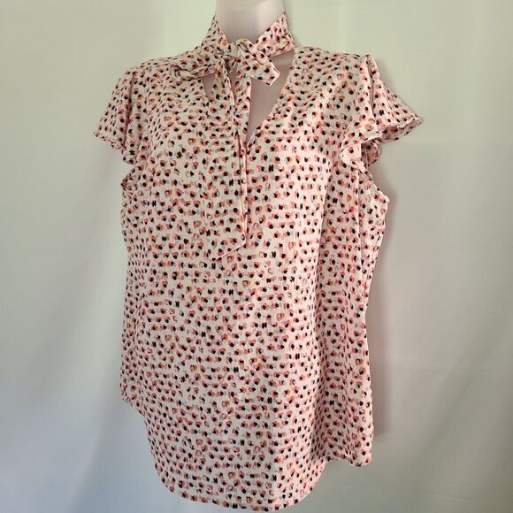 Adrianna Papell‎ lightweight floral flutter sleeve bow tie neck Blouse top sz L - Picture 1 of 6